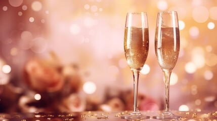 Concept with the glasses of champagne in beige bokeh background. Neural network ai generated art