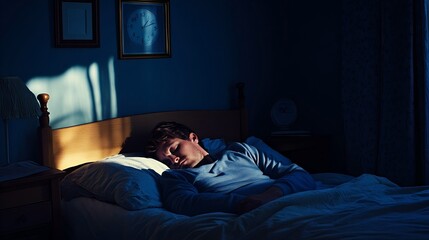 Fototapeta premium Man Battle Stress-Induced Insomnia, Lying Awake in Bed, Staring at Ceiling with Clock Reflecting Quiet Night, Soft Lighting Casting Shadows. 