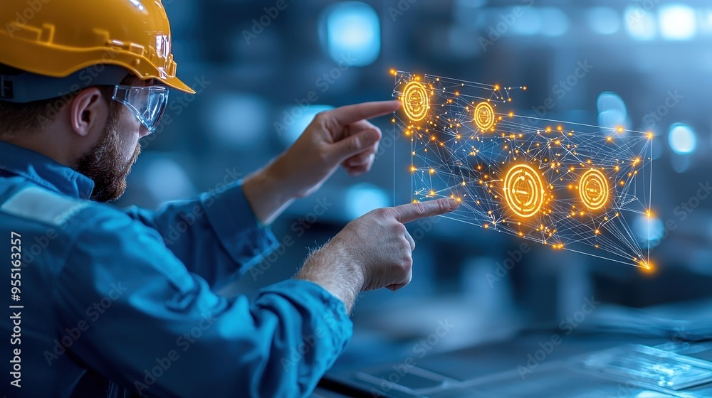 Poster engineer using augmented reality technology for industrial applications in a modern workspace.
