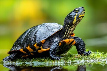 Fototapeta premium Black-and-Yellow Turtle on Green Mossy Rock Near Water