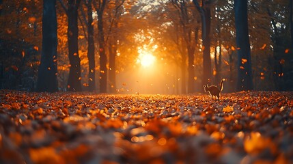A serene autumn forest filled with vibrant fallen leaves, where squirrels and deer forage peacefully. The warm sunlight filters through the trees,