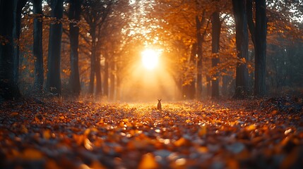 A serene autumn forest filled with vibrant fallen leaves, where squirrels and deer forage peacefully. The warm sunlight filters through the trees,