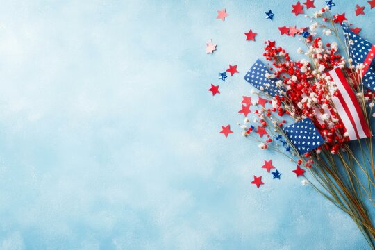 Patriotic-themed bouquet with red, white, and blue decorations against a sky-blue background great for Independence Day, Memorial Day, or Veterans Day promotion,