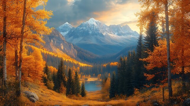 A serene autumn landscape with a mountain range in the background, framed by trees in full fall colors. The soft, golden light enhances the rich hues of the leaves and the grandeur of the mountains,