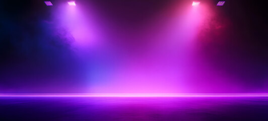 Obraz premium Background of empty room with spotlights and lights, abstract purple background with neon glow