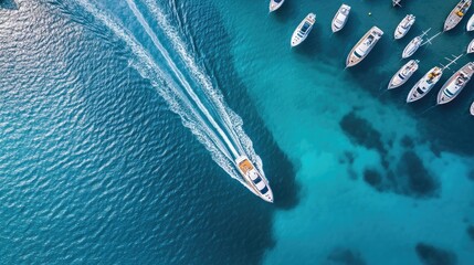 Aerial perspective of a speedboat cruising near a harbor filled with sailboats and yachts, leaving a rippling trail in the calm, blue water.