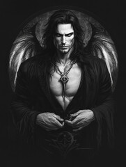 black and white illustration of a handsome winged man - fantasy generative ai
