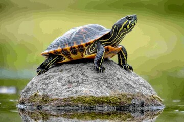 Obraz premium Painted Turtle Perched on a Rock by the Water