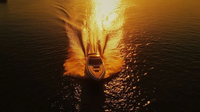 Aerial shot of a speedboat heading toward the horizon at sunset, with golden reflections on the water and a dramatic sky in the background.