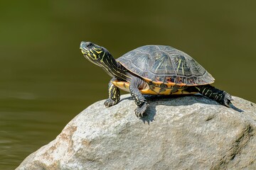 A turtle with a black and yellow shell perched on a rock