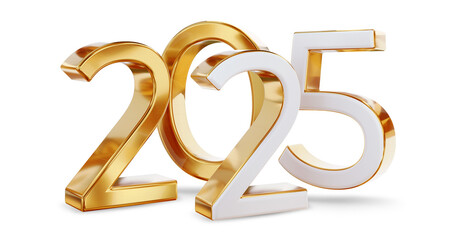 2025 new year metallic golden, gold bold letters, font weight: bold, 3d-illustration, isolated