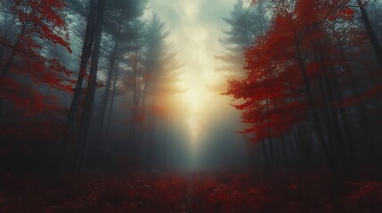 Fototapeta premium A serene foggy morning in the woods, with mist enveloping the tall trees and their leaves transitioning from green to deep reds and oranges. The soft light filters through the fog,