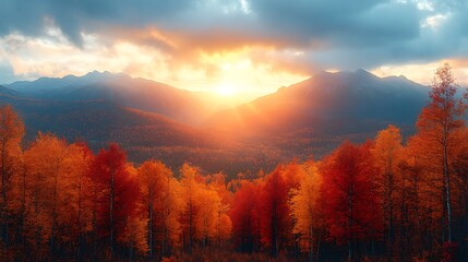A serene mountain landscape during autumn, with trees in vibrant shades of red, orange, and yellow in the foreground. The mountains rise majestically in the distance, bathed in the soft,