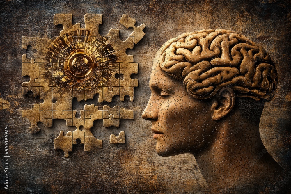 Aufkleber Cognitive load Gray matter A man’s head integrated with mechanical gears and puzzle pieces symbolizing the complexity of thought intelligence and the mechanisms of the mind