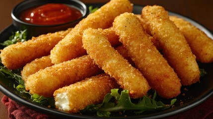 A large plate of crispy, golden mozzarella sticks with marinara sauce for dipping.