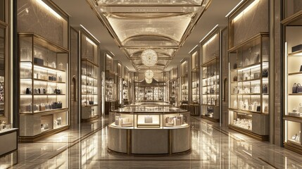 A luxurious department store in a capital city, featuring high-end fashion displays, designer brands, and sophisticated lighting.