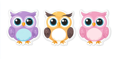 Fototapeta premium baby owls big eyes sticker white background cartoon woodland adorable small tiny playful fun child-friendly joyful pastel colors brown blue pink animated 