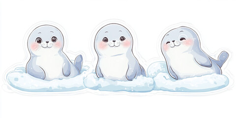 Obraz premium baby seals snow sticker white background cute kawaii colorful vibrant cartoon arctic winter adorable small animated happy snow scene cheerful 