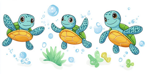 vibrant cartoon aquatic sea ocean adorable small tiny playful marine fun child-friendly joyful pastel colors green blue pink animated happy swimming pose water 