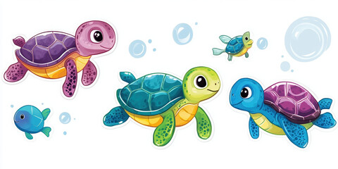 colorful vibrant cartoon aquatic sea ocean adorable small tiny playful marine fun child-friendly joyful pastel colors green blue pink animated happy swimming pose water 