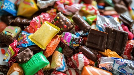 A pile of candy bars and chocolates in colorful wrappers, scattered across a white table.