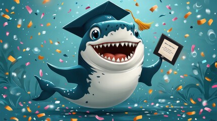 Cartoon shark with a graduation cap and diploma