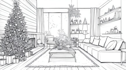 Fototapeta premium This black-and-white sketch illustrates a cozy, modern living room during the Christmas season. A beautifully decorated tree stands by the fireplace, surrounded by gifts, while minimalistic furniture 