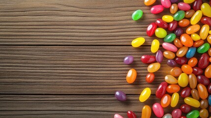 Obraz premium A pile of colorful jellybeans scattered across a wooden table, creating a fun, playful vibe.