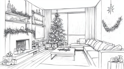 This black-and-white sketch illustrates a cozy, modern living room during the Christmas season. A beautifully decorated tree stands by the fireplace, surrounded by gifts, while minimalistic furniture 