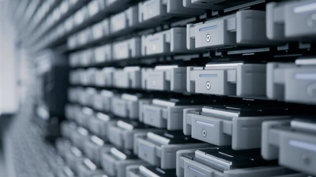Rows of Blinking Drives Containing Training Data and Datasets for Supercomputers that Powering Massive AI Models. Advanced Storage Solution in Data Center. Cloud Storage, Computing and Processing