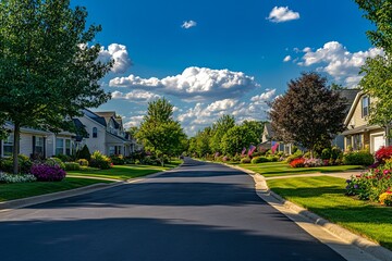 Peaceful Suburban Street with American Flags. AI generated illustration