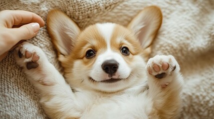 A playful corgi puppy lying on its back with its paws in the air, enjoying a belly rub from its owner.