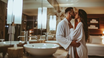 A man and woman are kissing in front of a bathroom mirror