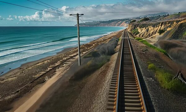 Railway track running parallel to a coastline, with waves crashing onto the shore and a dramatic sky overhead. Coastal journey, scenic route, nature and travel. Generative AI