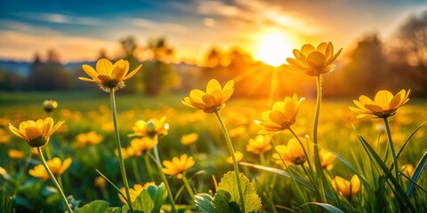 Chrome yellow flowers blooming in a lush green meadow, low-angle shot, golden hour lighting, peaceful and serene mood, a realistic photo image.