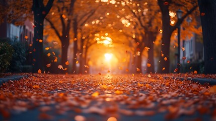 A tranquil autumn street, lined with trees and blanketed with fallen leaves. The setting sun casts a golden glow over the scene, highlighting the rich colors of the leaves and creating a serene,