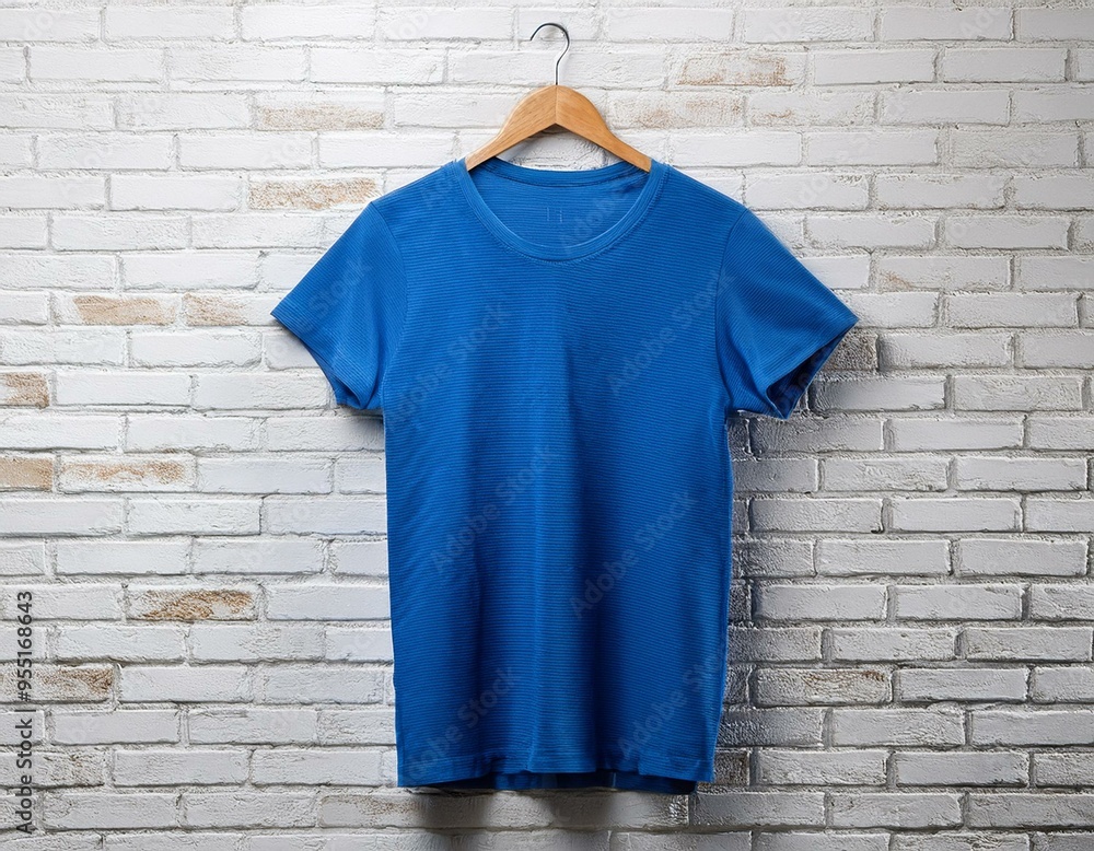 Wall mural Blue t-tshirt hanging against vintage white brick wall