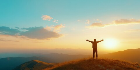 Happy man rise hand on morning view. Christian inspire praise God on good friday background. Now one man self confidence on peak open arms enjoying nature the sun concept world wisdom fun hope.