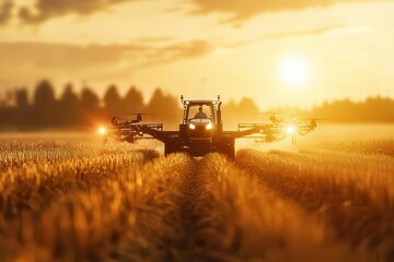 Fototapeta premium AI-powered farm with autonomous tractors and drones, AI agriculture, tech-enhanced farming practices
