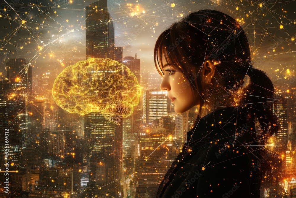 Poster mind mapping intellect a cityscape integrated with a glowing brain symbolizing the convergence of ur