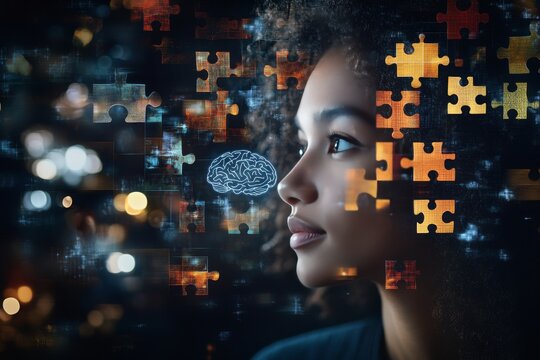 Parallel thinking Intellect A woman surrounded by glowing puzzle pieces symbolizing the process of assembling thoughts creativity and the formation of ideas in a modern world