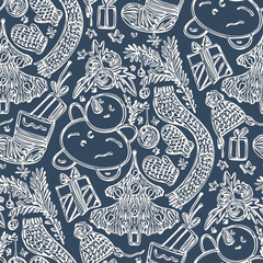 Christmas seamless doodle pattern. Monochrome vector illustration