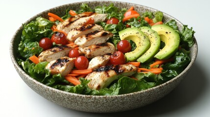 A colorful salad featuring grilled chicken, fresh greens, and ripe tomatoes