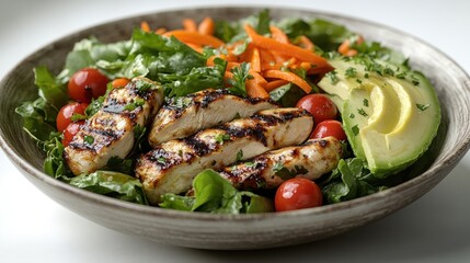 A vibrant salad showcases grilled chicken, greens, tomatoes, and avocado slices