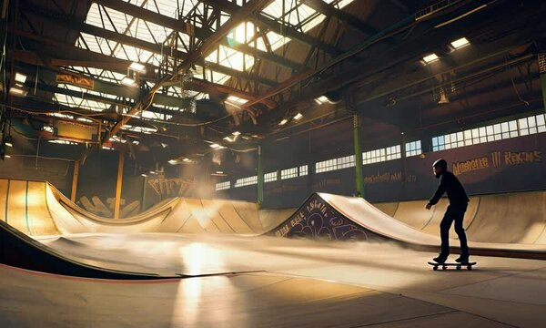 Indoor skatepark featuring wooden ramps, half-pipes, and intricate designs, with sunlight streaming through the large windows. Urban sports, skate culture, recreational activity. Generative AI