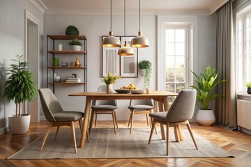 Fototapeta premium A cozy dining area unfolds with a beautifully set table, complemented by comfortable seating, a delicate overhead