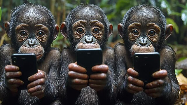 In a vibrant jungle, three young monkeys are engaged with smartphones, curiously tapping the screens as sunlight filters through the leaves, showcasing their playful nature.