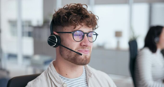 Callcenter, talking and man with headset in office for customer service, online advice or telemarketing. Help, contact us and consultant in discussion for communication, assistance or tech support