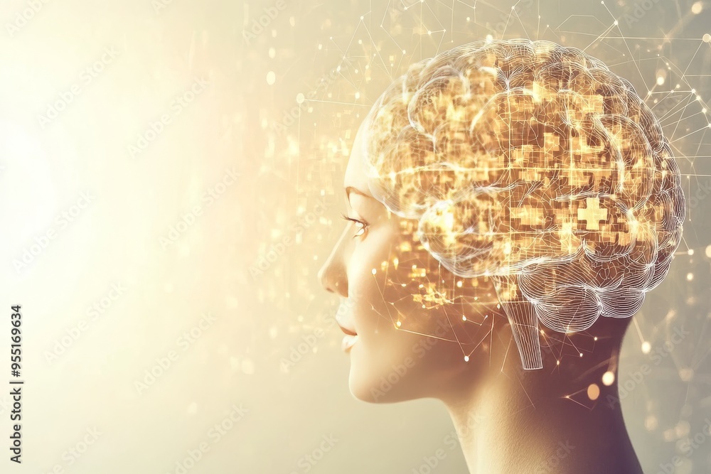 Poster sequential thinking intellect a woman’s head glowing with neural connections symbolizing the brillia