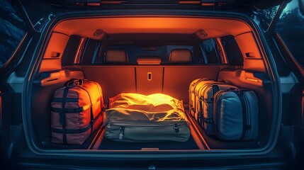 Fototapeta premium The interior of a high-tech car trunk, showcasing neatly packed camping gear, Artistic Style: Digital painting with soft gradients, Light Setting: Twilight with cool, ambient lighting, Artistic